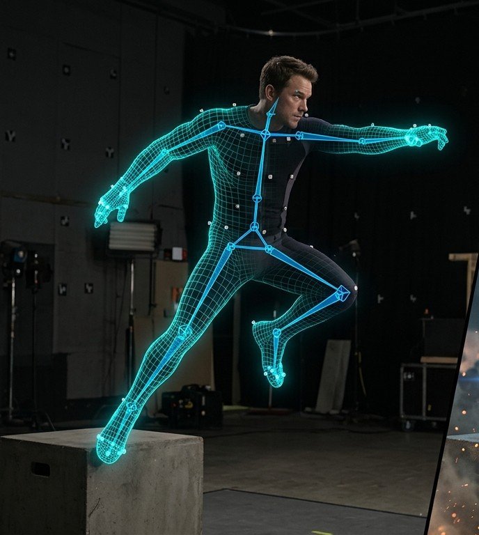 Before Working: Actor with 3D Skeletal Wireframe Mesh
