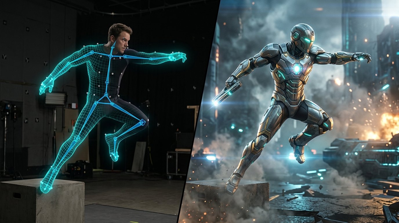 VFX Rotomation Actor 3D Wireframe Skeletal Rig to Armored Digital Double Integration